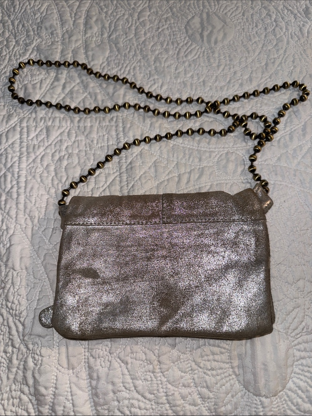 Free People Metallic Pewter Crossbody Bag with Beaded Chain